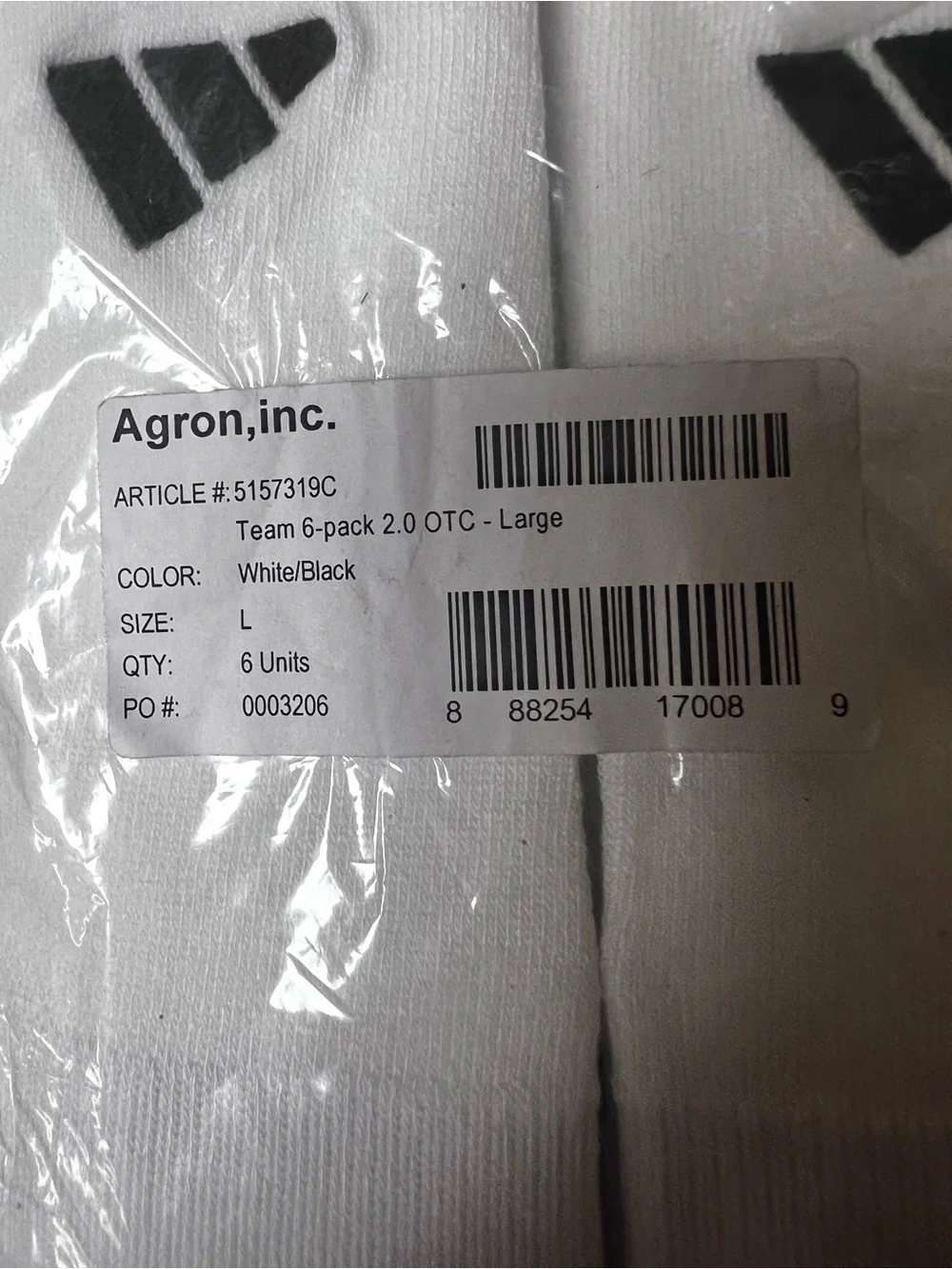 ADIDAS 6 PAIR PACK  2.0  OTC LARGE SOCKS.   WHITE/BLACK